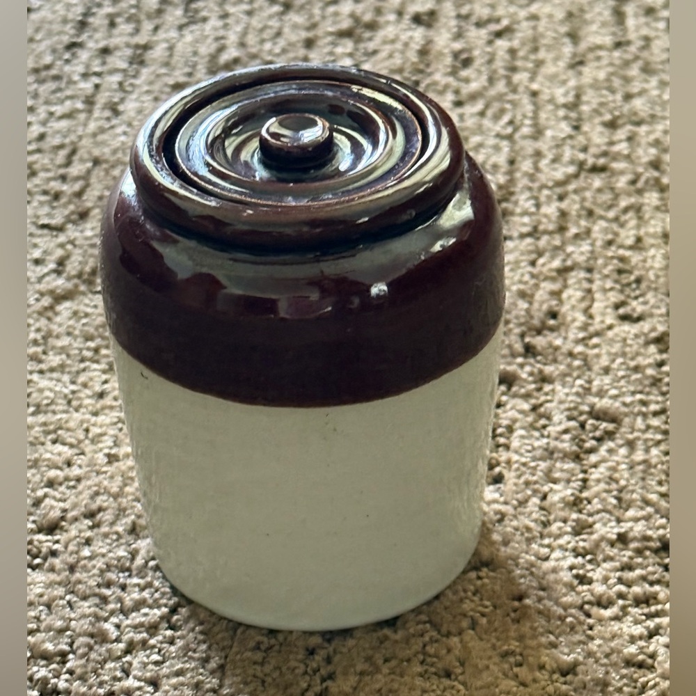Vintage Pottery Small Lidded Mustard Crock Pot Glazed Brown Tan #8 Mid-Century